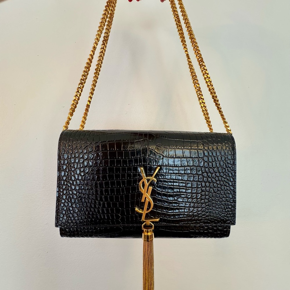 Saint Laurent Medium Kate Black Croc-Embossed Leather Tassel Bag